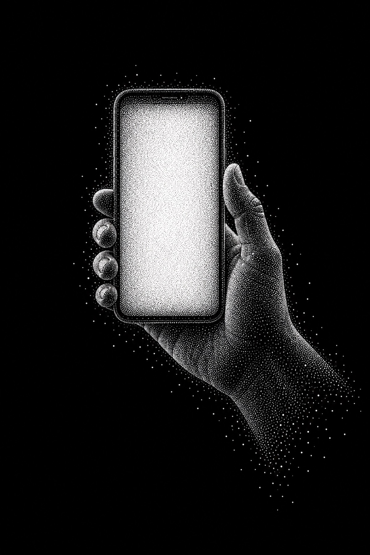 A hand holding a phone, drawn in white dots