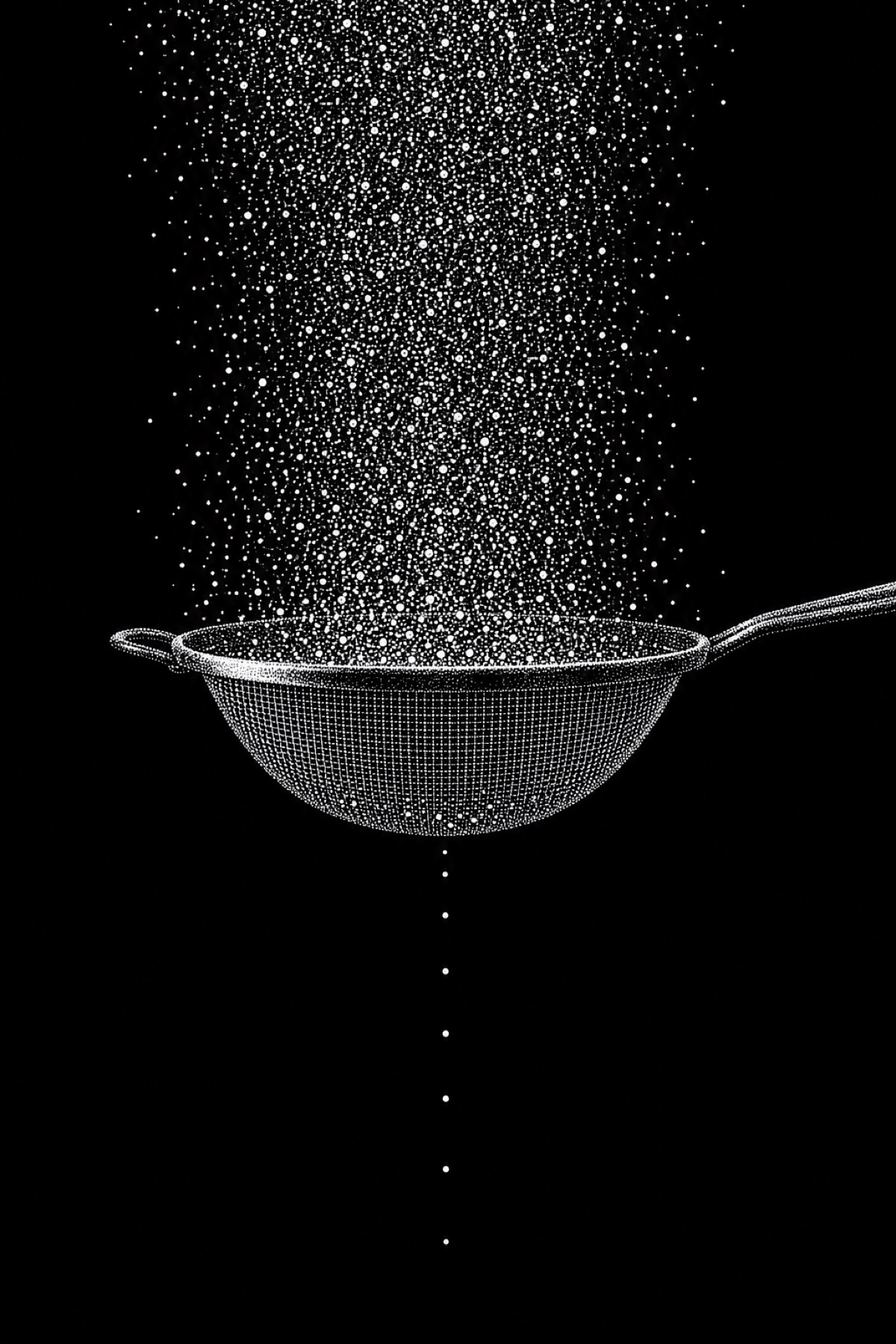 Thousands of dots falling into a sieve, with only a few passing through